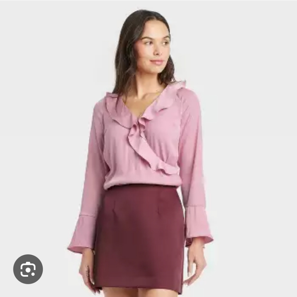 a new day Women’s Flounce Long Sleeve V-neck Ruffle Wrap Blouse ~ Dusty Rose